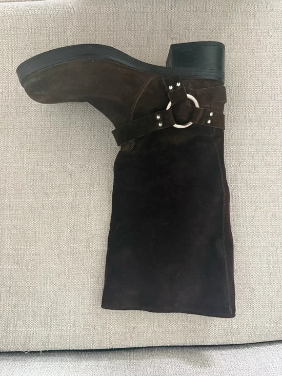 Steve Madden Brocks Chocolate Brown Suede Buckle Slouch Mid-Calf Moto Boots - Picture 6 of 12